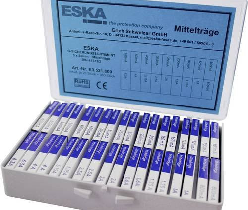 ESKA E3521800 Feinsicherung-Sortiment mit 360 Teilen, Mittelträge, Durchmesser: 5 mm, Länge: 20 mm, Mehrfarbig - Bild 1
