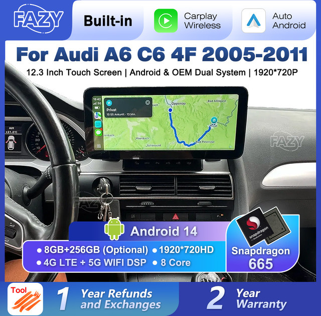 FAZY Android 14 Autoradio mit 12,3 Zoll Display für Audi A6 C6 4F 2005-2011, GPS Multimedia Stereo Player in Schwarz mit 8GB RAM und 256GB ROM, 4G und WIFI - Bild 1