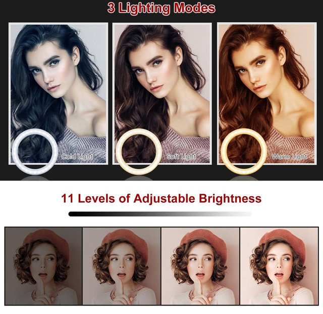 Shoemst LED Ringlicht 10 Zoll in Schwarz mit 3 Beleuchtungsmodi und 11 Helligkeitsstufen, USB-betrieben mit Stativ und Fernbedienung - Bild 1