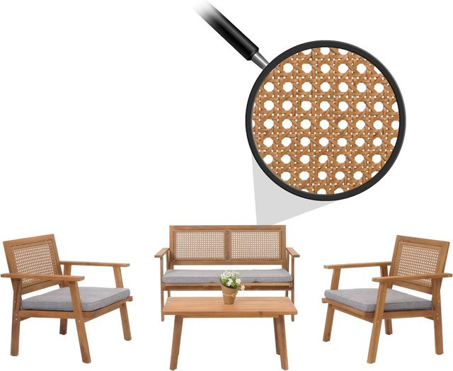 MCW Garten-Garnitur MCW-N46 aus Akazienholz mit grauen Kissen, 4-teiliges Lounge-Set bestehend aus Tisch, Bank und 2 Sesseln - Bild 1