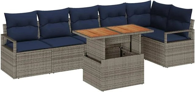 vidaXL Garten Essgruppe aus Poly-Rattan und Akazienholz, 7-teilig, Grau und Marineblau - Bild 1
