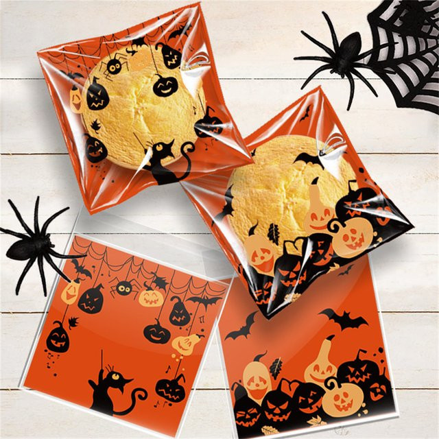100 Stück Halloween Geschenkbeutel aus Kunststoff mit Geist, Kürbis und Spinne für Kinder und Partydekoration - Bild 1