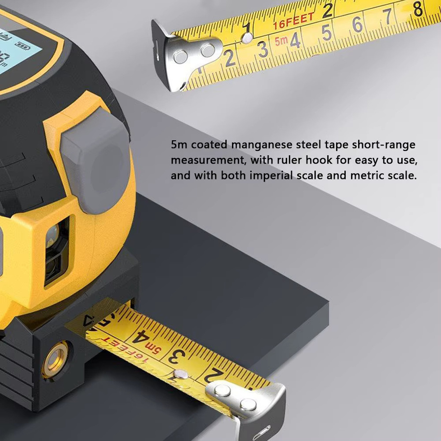 KKMOON 3-in-1 Laser-Entfernungsmesser mit LCD-Display und Hintergrundbeleuchtung, Distanzmesser für Flächen- und Volumenberechnung, Orange-Gelb - Bild 3