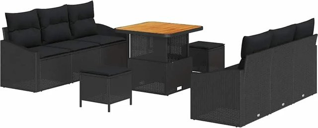 vidaXL Garten-Sofa-Set 9-tlg. aus Poly Rattan und Akazienholz in Schwarz mit Kissen - Bild 1