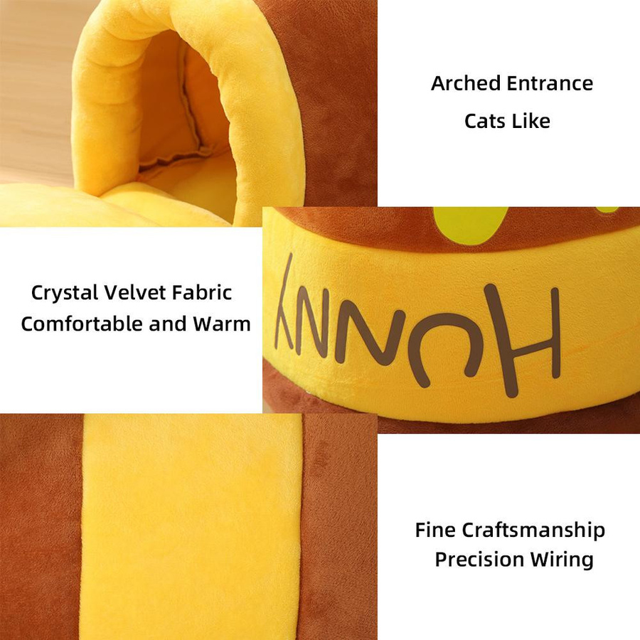 Gemütliches Katzenbett aus Korallen-Fleece mit herausnehmbarem Kissen in Honigtopf-Design für kleine Hunde und Katzen - Bild 3