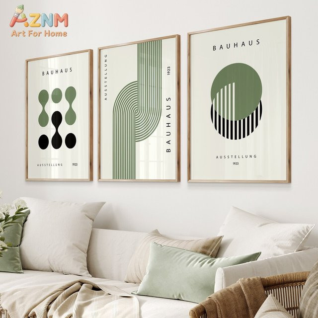 AZNM Wandkunst Bauhaus Leinwand mit grünem geometrischem abstrakten Druck im Mid-Century Modern Stil - Bild 1