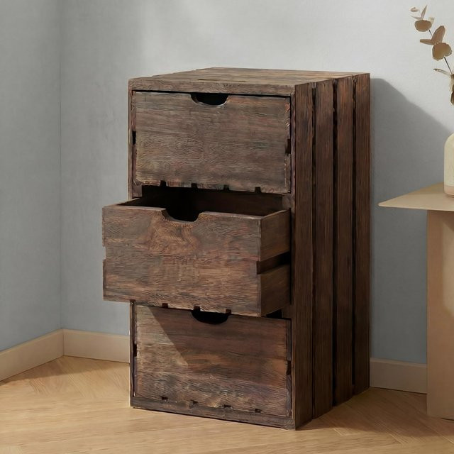 MCW Kommode C62 aus Paulowniaholz mit 3 Schubladen im Shabby-Look Vintage, Braun, B/T/H: 53 x 32 x 26 cm - Bild 1