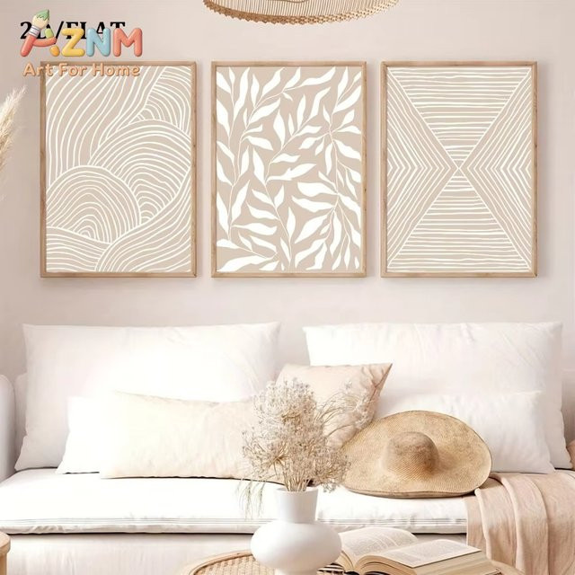 AZNM Wandbilder im Bohemian-Stil mit abstrakten und geometrischen Pflanzenmustern in Beige (3er-Set) - Bild 1