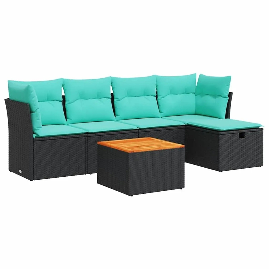 vidaXL 6-teilige Garten-Sofagarnitur in L-Form aus Poly-Rattan mit Kissen und Couchtisch in Schwarz - Bild 2
