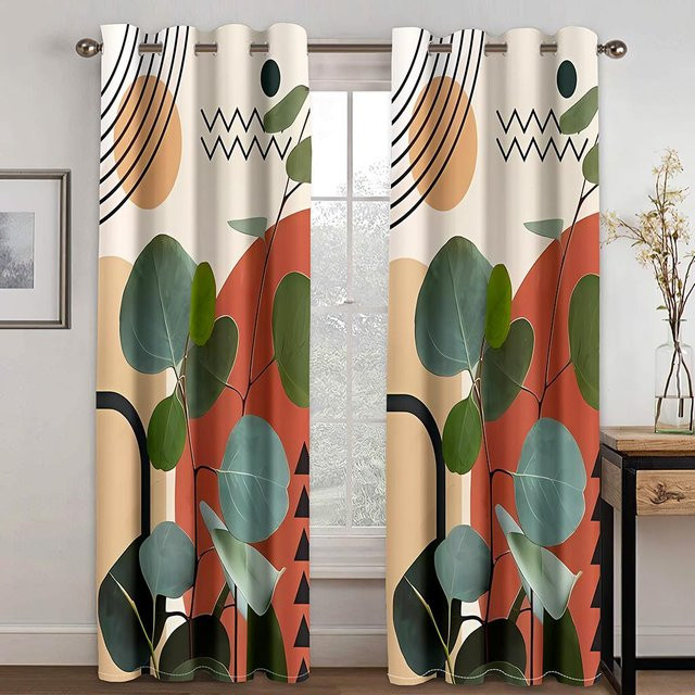2er-Set Abstrakte Boho Mid Century Vorhänge mit geometrischem Palm-Blätter-Muster, halbtransparent, Mehrfarbig, B: 50 cm, H: 130 cm - Bild 1