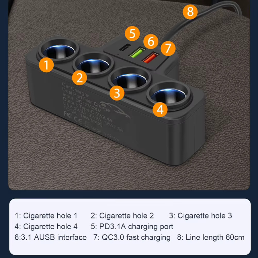 MOJOYCE 4-in-1 USB Typ-C Auto-Zigarettenanzünder-Verteiler 120W Schnellladegerät in Schwarz für 12V 24V Fahrzeuge, geeignet für Telefon, GPS und Dashcam - Bild 3