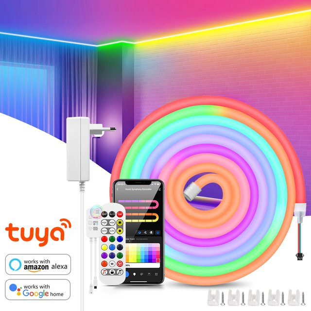 TUYA RGBIC Neonstreifen LED Licht mit WiFi Sprachsteuerung für Alexa und Google Home, wasserdichtes Dreamcolor Neonseil zur Dekoration deines Spielzimmers - Bild 1