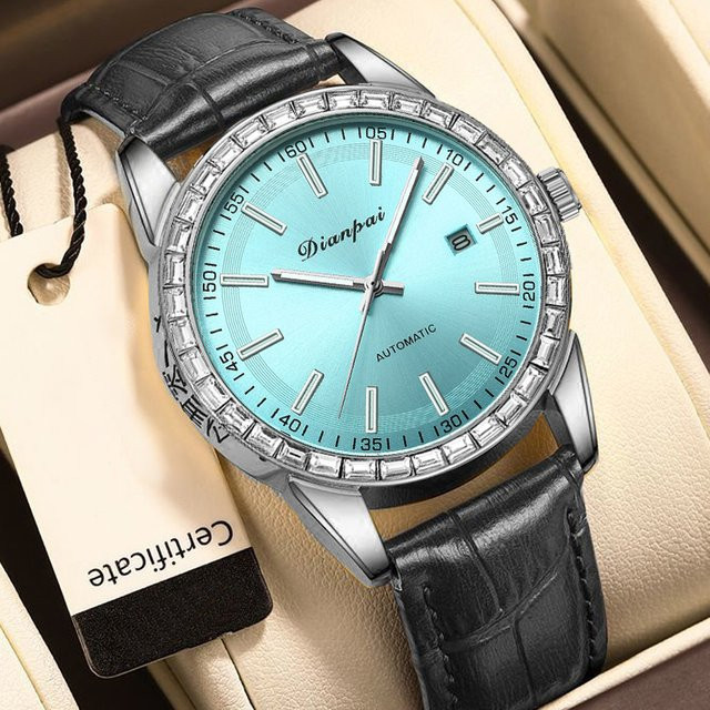 Dianpai Armbanduhr, Automatik, Edelstahl, Leder, Blau, Herren - Bild 1