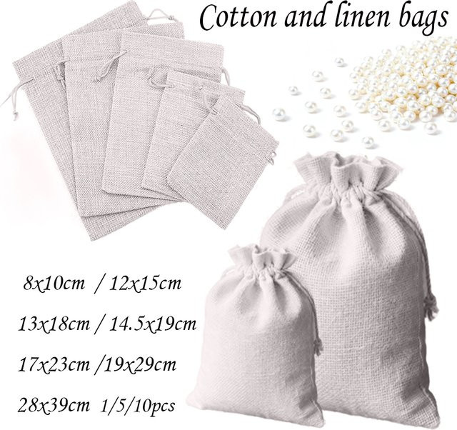 Natürliche Jute-Geschenktaschen aus Leinen mit Kordelzug in Beige - Bild 1