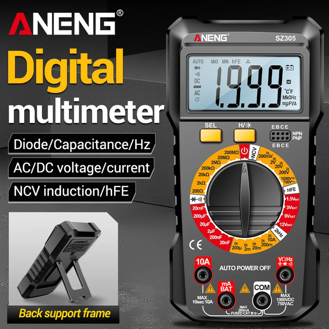 ANENG SZ305 Digitalmultimeter in Schwarz mit hoher Präzision, 1999 Zählern, NCV und berührungsloser Spannungsmessung für AC/DC-Spannung, Strom, Widerstand und HFE - Bild 1