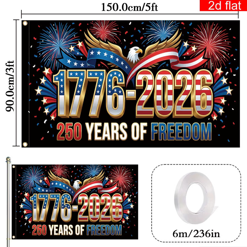 VIKAMA Flagge zum 250. Jahrestag der Vereinigten Staaten 1776–2026 mit Feuerwerks-Design zum Unabhängigkeitstag, Mehrfarbig, 90 x 90 cm - Bild 5