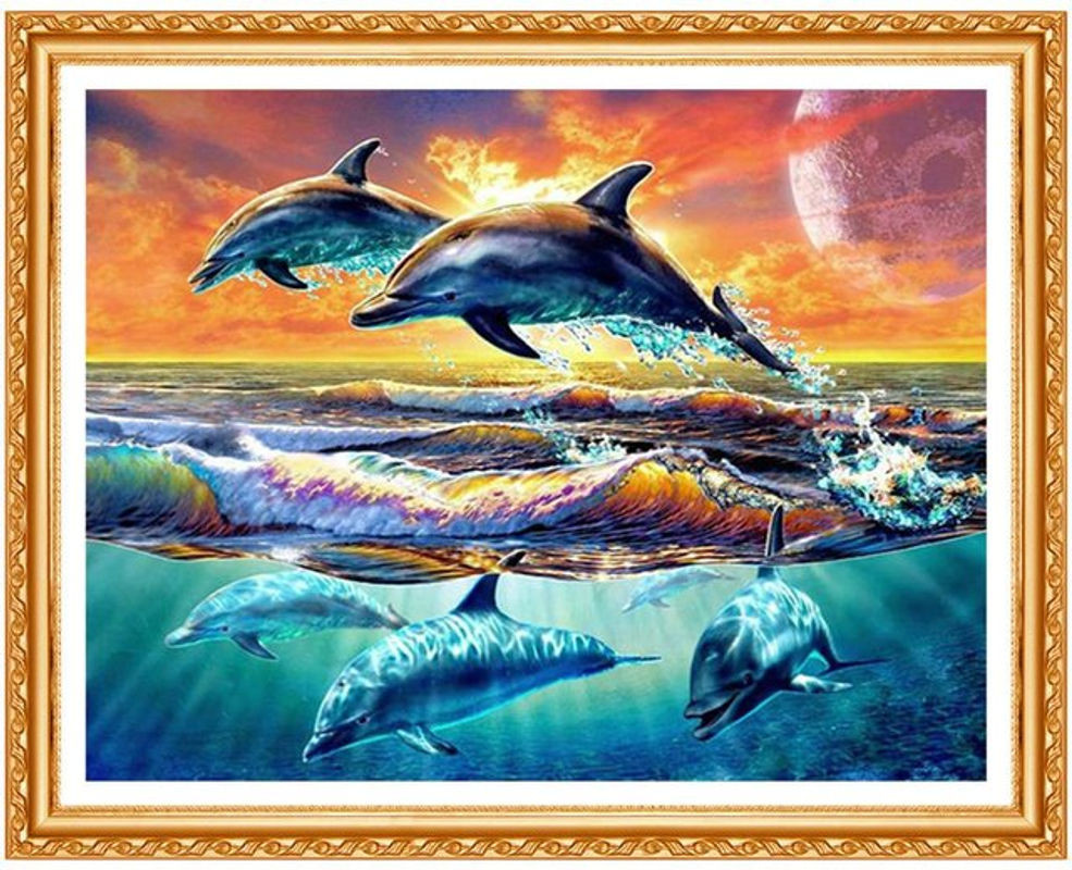 FIYO 5D DIY Diamantmalerei Meer Sonnenuntergang mit Delphin, Mehrfarbig, B: 30 cm, H: 20 cm - Bild 1