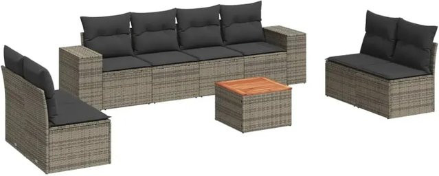 vidaXL 9-tlg. Garten-Sofagarnitur aus Poly-Rattan in Grau mit Kissen und Gartentisch - Bild 1