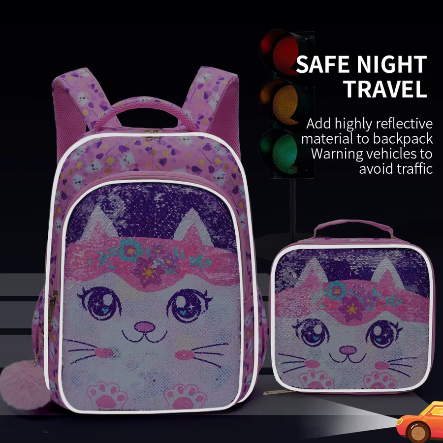 3-teiliges Rucksack-Set für Mädchen von BLING BABIES in Pink mit Cartoon-Kitty-Design, Pailletten und leuchtenden Elementen inklusive Lunchbox und Stifttasche - Bild 4