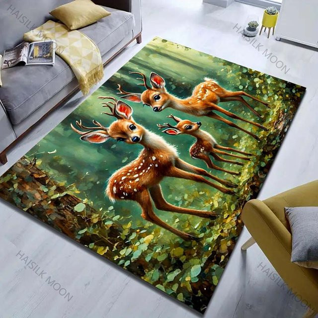 UQIDEHOME Teppich mit Wald- und Hirschdruck in Multicolour, moderner Bodenläufer aus Polyester, B/T: 60 x 90 cm - Bild 1