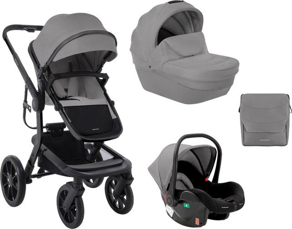 Kikkaboo Kombikinderwagen Irene 3 in 1 Set mit Babywanne, Sportsitz, Autositz, Adapter und Wickeltasche in Grau Schwarz