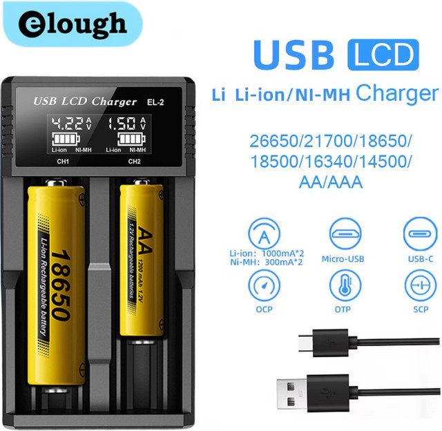 Elough Batterieladegerät mit 1/2/4 Steckplätzen für 3,7 V Lithium-Akkus und 1,2 V NI-MH AA/AAA Batterien, USB-Ladegerät in Schwarz - Bild 1