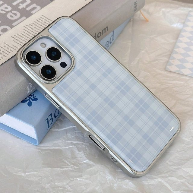 Apple iPhone Handyhülle Retro blauer Himmel Plaid mit Silber Rand aus TPU Anti-Drop für iPhone XR/11/12/13/14/15/16/17 Pro Max - Bild 1
