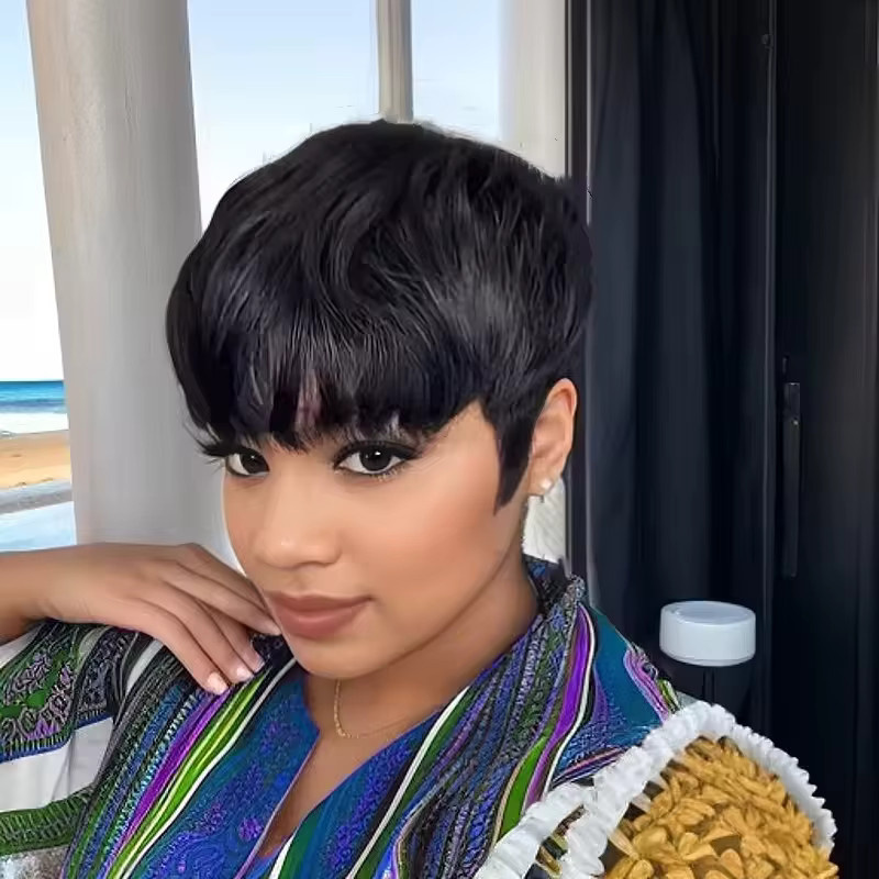 OYM HAIR Pixie-Perücke aus Echthaar, Schwarz, mit Pony, Damen - Bild 1