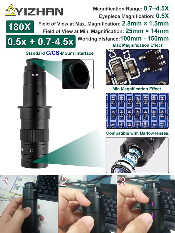 YIZHAN Mikroskop-Zoom-Objektiv mit 0,7-4,5x Vergrößerung und 180X Zoom, C-Mount-Objektiv mit 0,5x Okular für HDMI-Mikroskopkameras, Schwarz - Bild 4