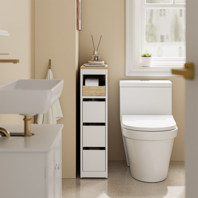 SoBuy Badezimmerschrank Weiß mit 3 Schubladen und Türen, moderner Badunterschrank B/T/H: 60 x 20 x 82,3 cm - Bild 1