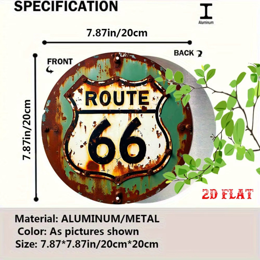 CIFBUY Vintage Route 66 Metallschild Rund, Rustikale Wanddekoration aus Aluminium in Grün-Weiß-Multicolor - Bild 2