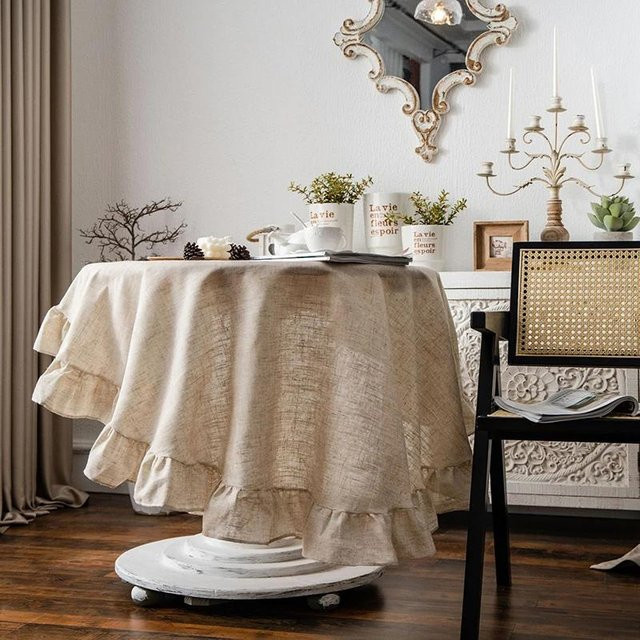 Runde Tischdecke aus Baumwoll-Leinen-Stoff mit Quasten von JMG Household Supplies in Beige, Durchmesser: 140 cm - Bild 1