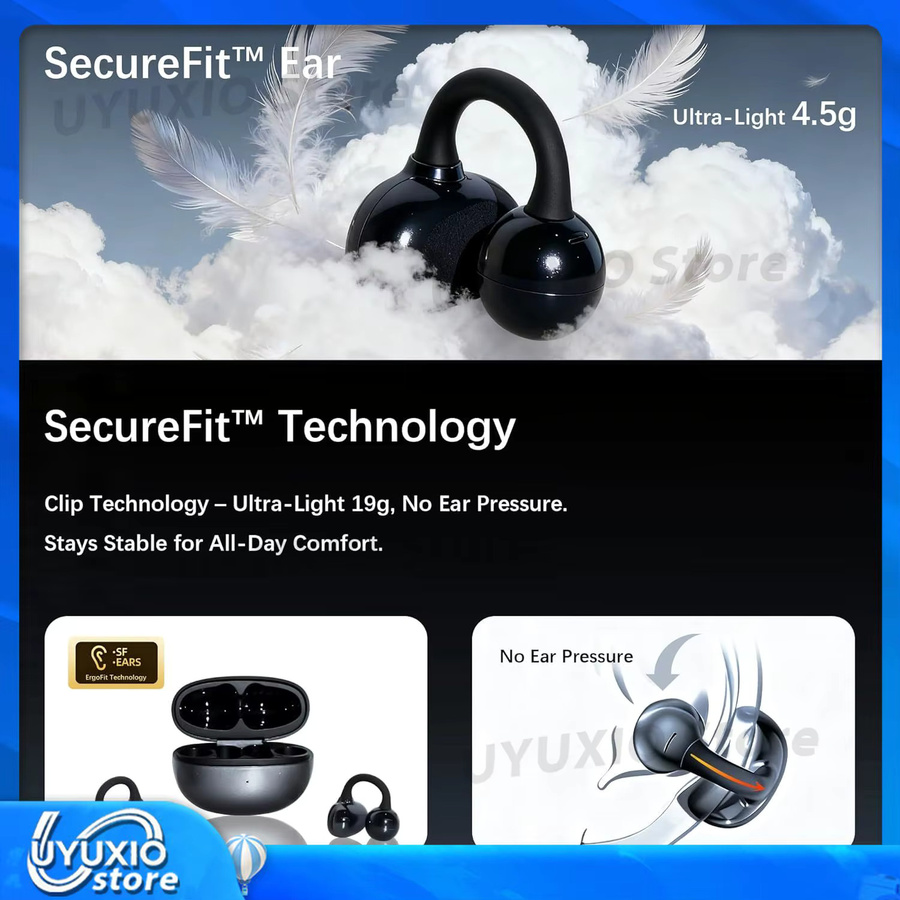 UYUXIO BT 5.4 Clip-On Kabellose Open-Ear-Ohrhörer OWS Earbuds in Schwarz mit 50 Stunden Akkulaufzeit - Bild 5