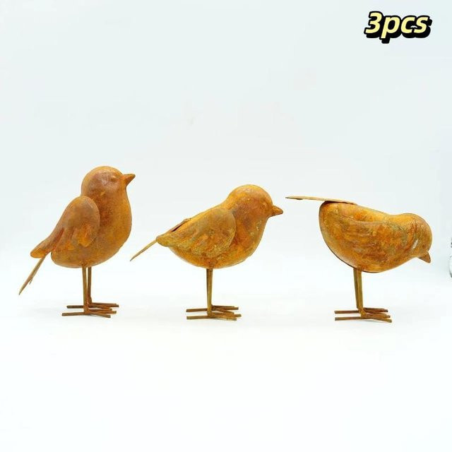 3er Set EmilyWoo Metallvogel-Figuren in Rostoptik als 3D Bauernhaus-Skulpturen für Garten und Terrasse, Farbe: Braun - Bild 1