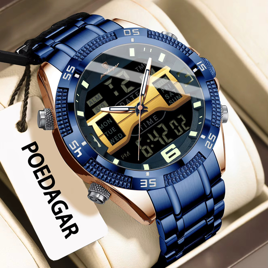 POEDAGAR Digitaluhr, Quarz, Edelstahl, Silber, Herren, Chronograph, Alarm - Bild 2