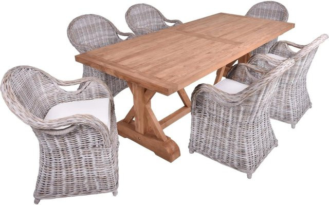 DELUKE Garten-Sitzgruppe NOAH 7-teiliges Gartenmöbel-Set aus Teakholz in Hellbraun mit Esstisch und Stühlen - Bild 1