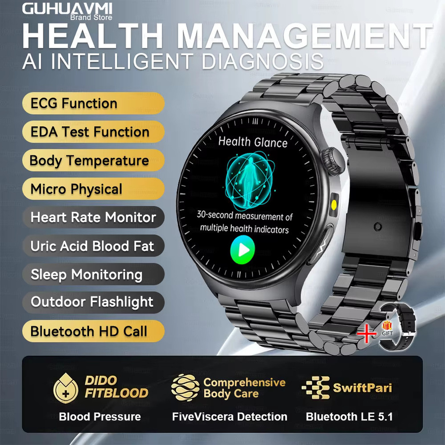 GUHUAVMI Smartwatch 2026 mit KI-Diagnostik, EKG und PPG zur Messung von Blutdruck, Harnsäure und Körperfett, Schwarz, kompatibel mit Android und iOS - Bild 9