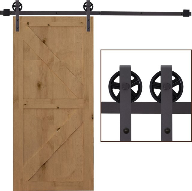 HOMCOM Schiebetür-Beschlagsatz aus Kohlenstoffstahl in Dunkelbraun Matt, Komplett-Set für 183 cm Schiebetüren mit Schienen, Rollen und Zubehör - Bild 1