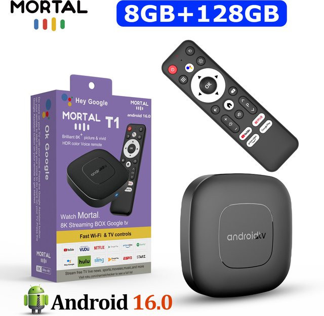 Mortal TV Box T1 Android 16 4K Media Player mit 8 GB RAM und 128 GB ROM in Schwarz - Bild 1