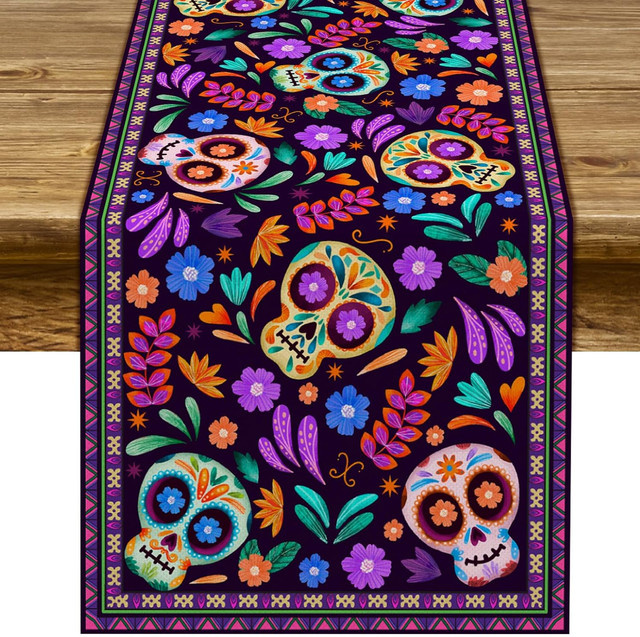 VIKAMA Tischläufer aus Leinen mit floralem Design für den Tag der Toten, Mehrfarbig, B/H: 183 x 33 cm - Bild 1