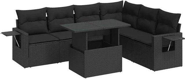 vidaXL 7-teilige Garten-Sofagarnitur in L-Form aus schwarzem Poly-Rattan mit wetterfesten Kissen und pulverbeschichtetem Stahlgestell - Bild 1