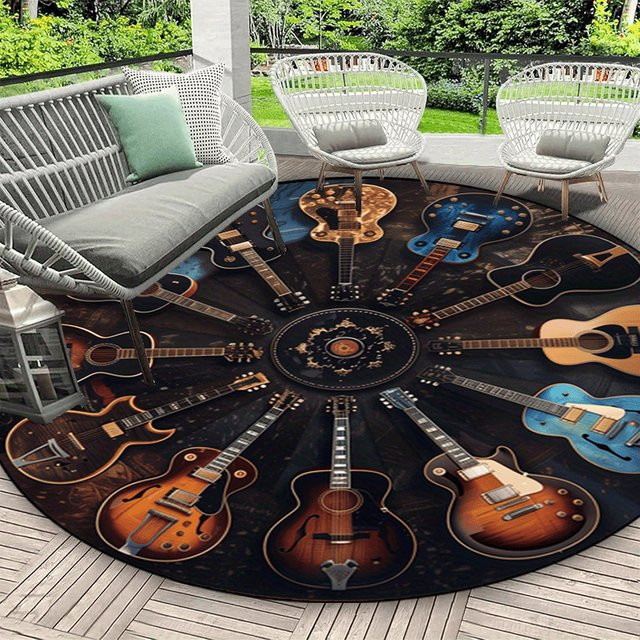 Runder VIKAMA Rock-Gitarren-Teppich mit Vintage-Print, rutschfest und waschbar, Multicolour, Durchmesser: 60 cm - Bild 1