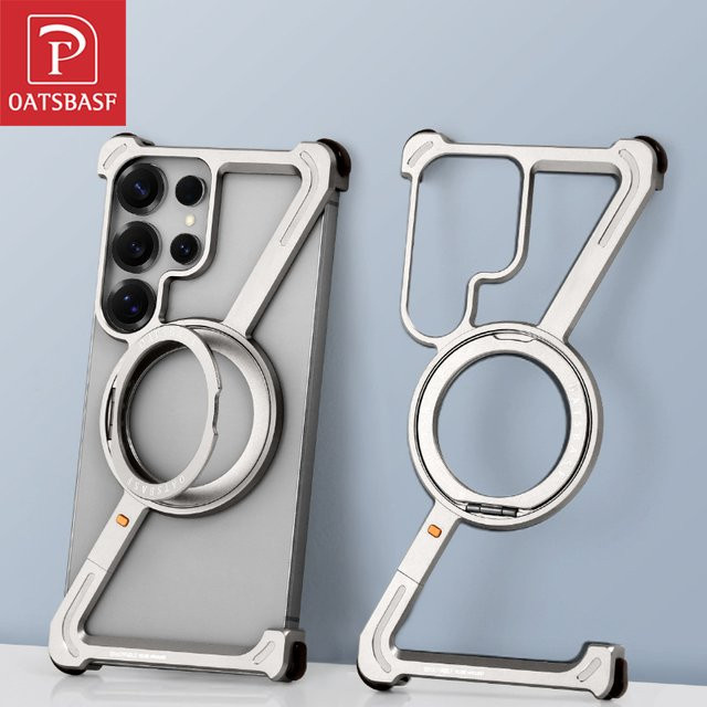 Oatsbasf Handyhülle mit 360 Grad drehbarem Ständer und MagSafe für Samsung Galaxy S25 und S24 Ultra, Stoßstangenschutz aus Metall ohne Rahmen, Sand/Silber - Bild 1