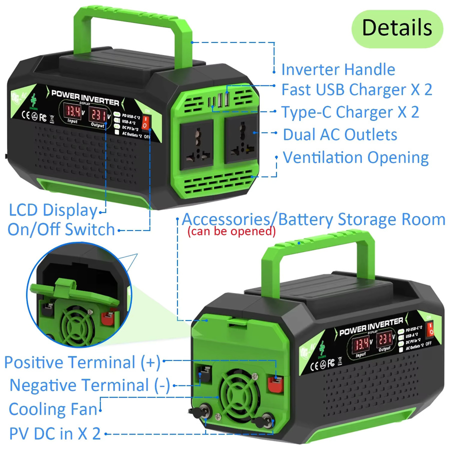 GECOFEER 500W Stromwechselrichter DC 12V zu AC 220V Spannungswandler mit USB-A und USB-C Anschlüssen sowie EU-Steckdose für Laptops und Außeneinsatz - Bild 4