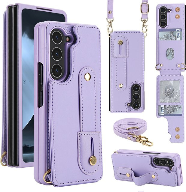 LLCOHA Ledertasche als Umhängetasche und Brieftasche für Samsung Galaxy Z Fold 7, 6, 5, 4 5G mit Handgelenkband, Kartensteckplatz und doppeltem Magnetverschluss in Schwarz oder Lila - Bild 1