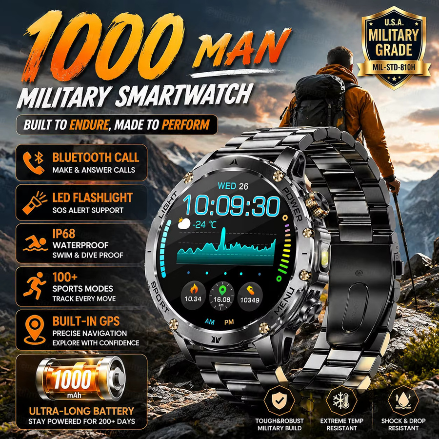 MAVHX Smartwatch, Herren, Edelstahl, Schwarz, Fitness-Tracking, Wasserdicht - Bild 1