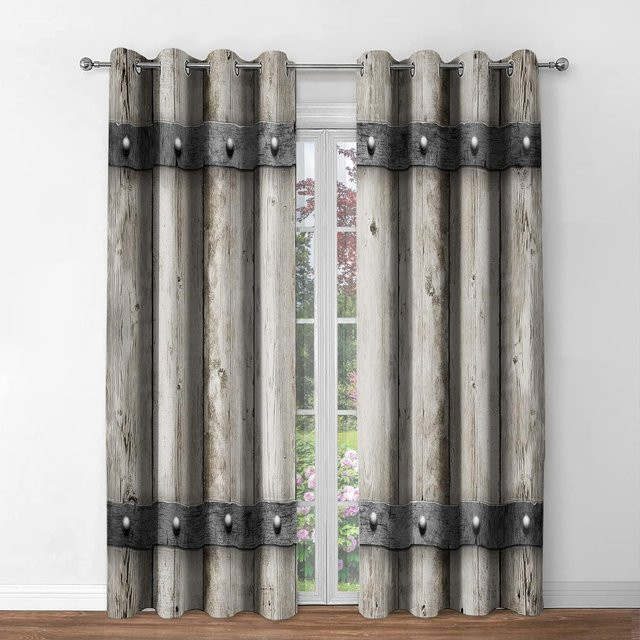 Yiran Furniture Vorhänge im Vintage-Design mit Holzbarn-Tür-Motiv, 2er-Set, Grau, B: 50 cm, H: 130 cm - Bild 1