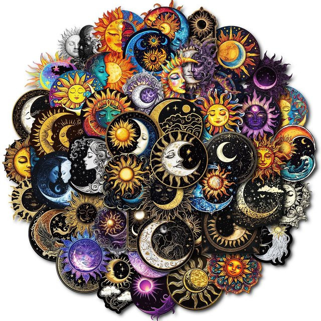 50 Stück Mond und Sonne Aufkleber in Schwarz und Multicolour für Handy, Computer und Helm - Bild 1