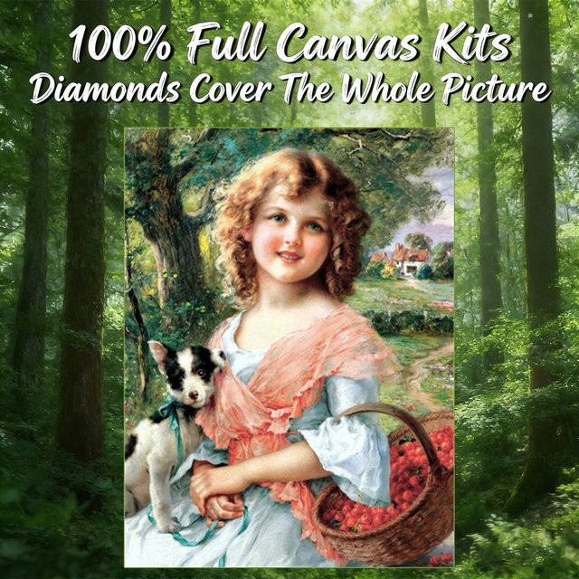 AZQSD Diamant-Mosaik-Set mit Frauenporträt und Hund als 5D DIY Diamantmalerei in Vintage-Optik, Multicolor, Rund - Bild 1