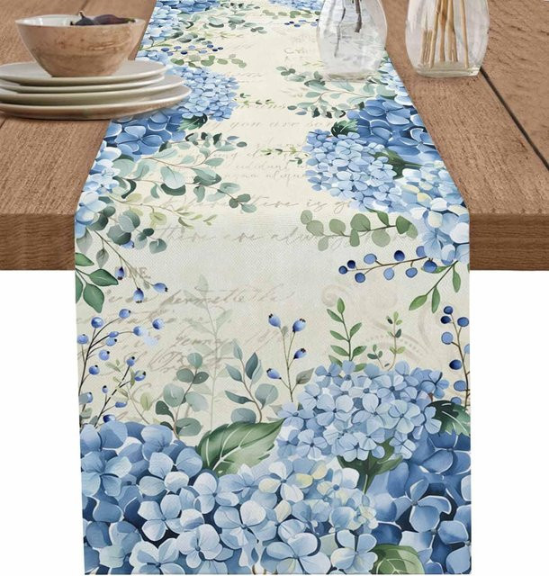 JINGYUE Pet Tischläufer aus Leinen mit Frühlings-Hortensien und Eukalyptus in Grau und Blau, B/H: 33 x 150 cm - Bild 1